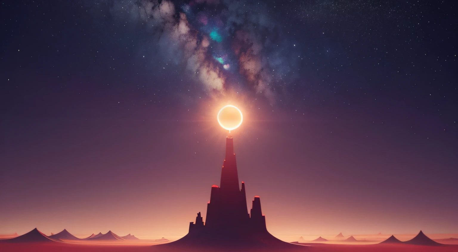 scenic view, homem olhando para uma torre com uma luz brilhante vermelha no topo circular ,ceu com feixes de luz douradas, ambiente de fundo noturno e deserto, ETHEREAL LIGHT, By Christopher Balaskas--v 5.2,surreal