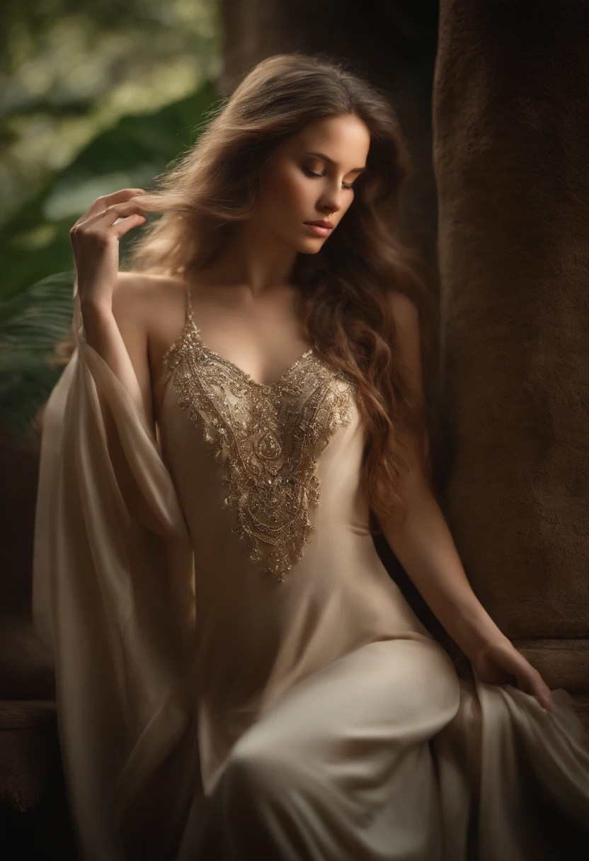 Masterpiece, a beautiful queen, crowned with gold and diamonds stands in the forest in autumn, accompanied by a big white wolf, on the edge of a clear and very beautiful river, faded colors, high definition with 4k resolution, sharp focus, with highly detailed facial features and realistic visual style, High detail face, high detailed leather, High resolution, photorealistic, cinematic lighting, depth of field, bokeh