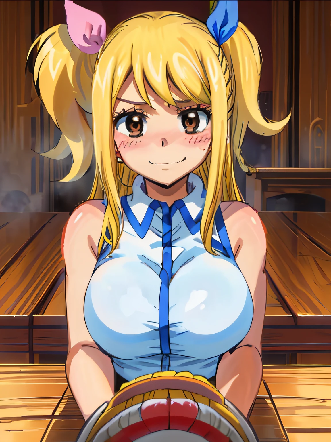 masterpiece, best quality, large breasts, lucy heartfilia, solo, blonde hair, brown eyes, long hair, side ponytail, bare shoulders, sleeveless, hair ribbon, evil smile, blush, breath, upper