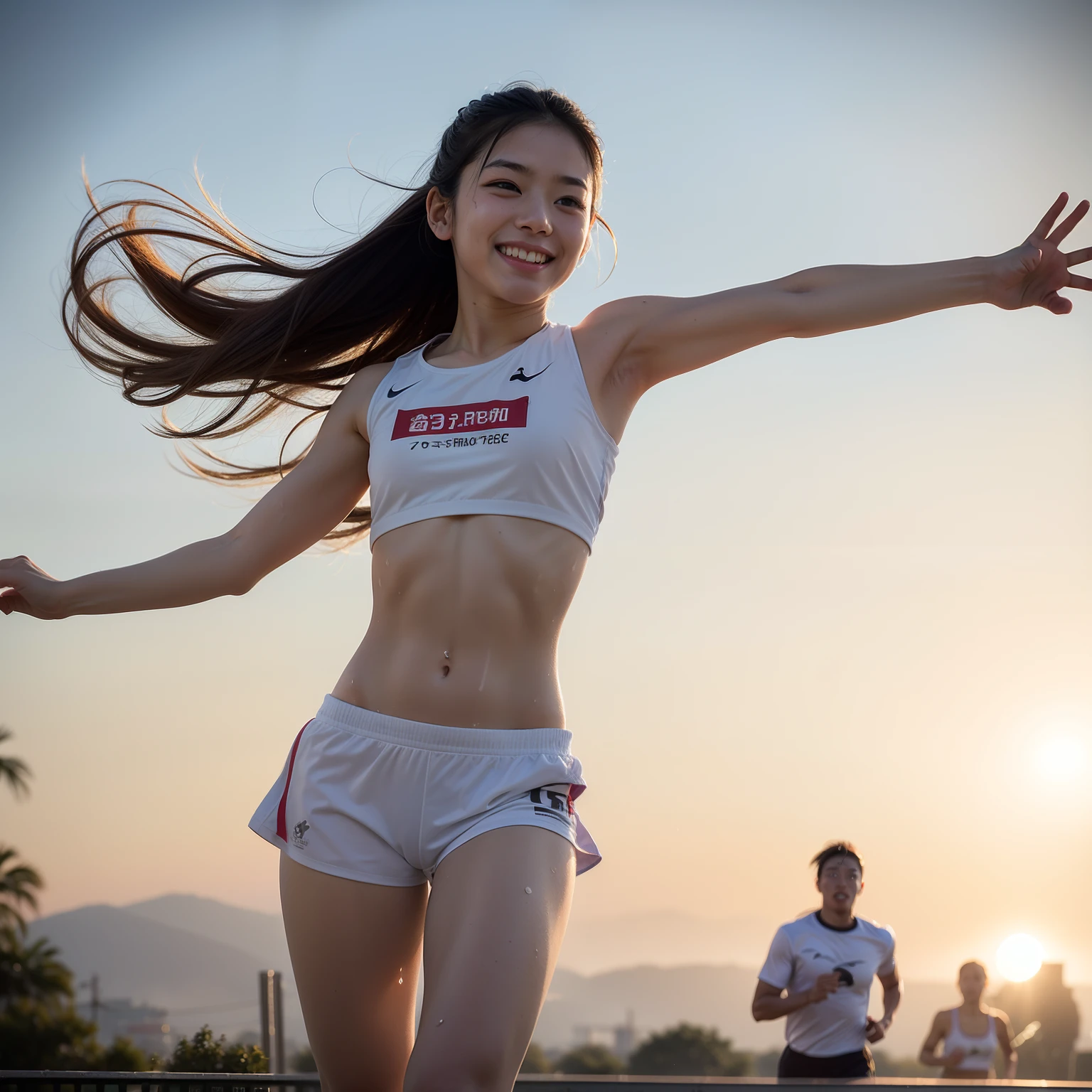 (solo), (a detailed full body RAW photo of a girl), (masterpiece:1.0), (best quality:1.4), (ultra highres:1.2), (photorealistic:1.4), 8k resolution, Canon EOS R5, 50mm, absurdres, ultra detailed, (25yo), sharp focus, cinematic lighting, detailed beautiful face, (no make up:1.2), (ulzzang-6500-v1.1), petite figure, detailed skin texture, suntan skin, flat chest, (skinny and fit body:1.6), thigh gap, detailed brown hair, sweltering,(very short hair:1.5), realistic glistening skin, (sweating), nfsw, heavy breathing, (small titts, cameltoe, erect nipples), (triathlon athlete), well-developed abdominal, blue sky, bikini tan, (dark sun tan), (flat chest:1.5), dynamic pose, (flom below), stylish pose, (smile with teeth), sexy pose, (sexy uniform:1.3),