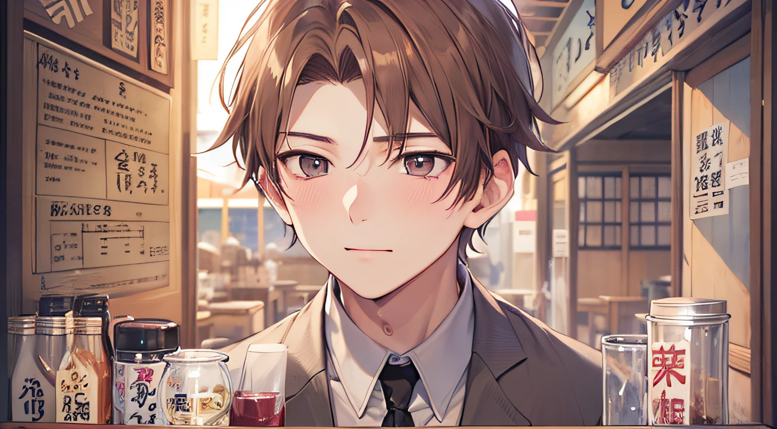 20 year old man with brown hair、Alone、no person、sullenness、up of face、suits、izakaya