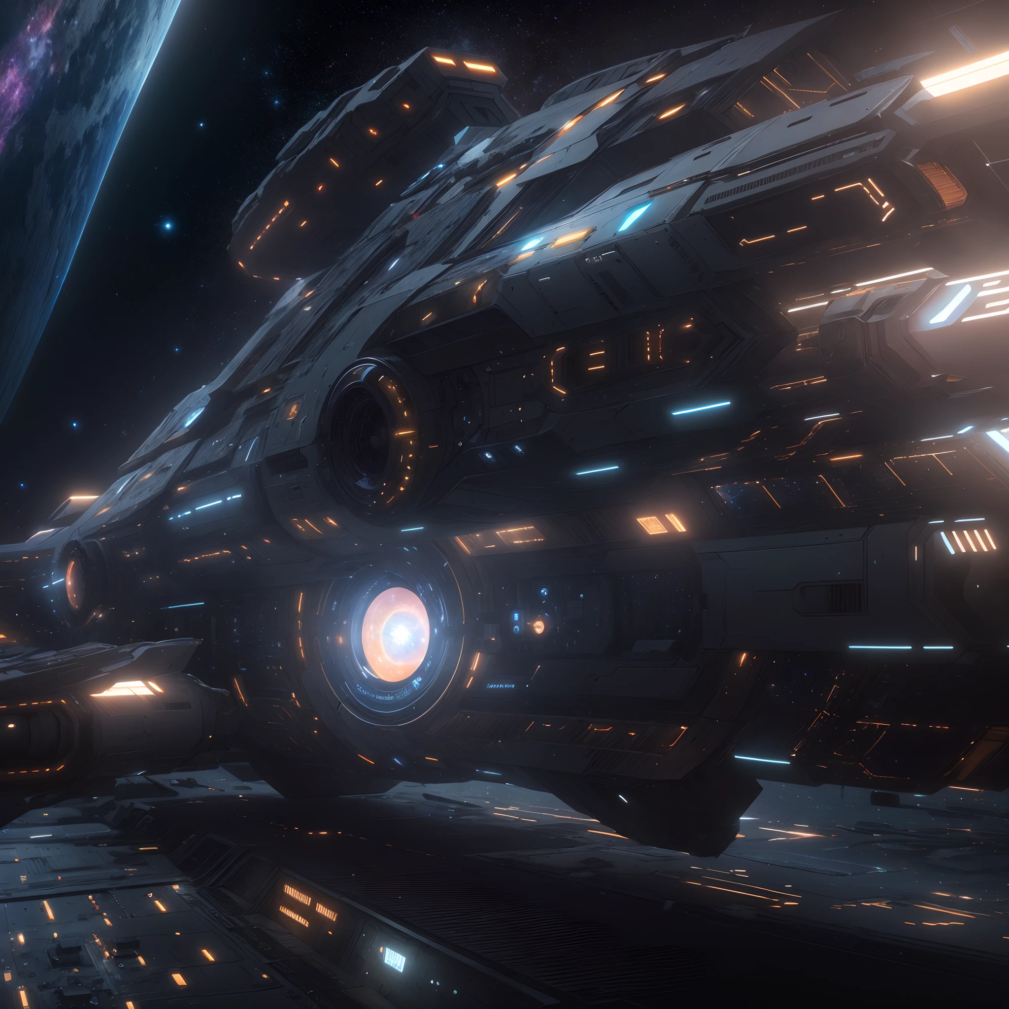 A huge spaceship,full bodyesbian，solo，Spaceships in the Avengers，seen from outside，(multiple lighting sources:1.5),Detailed hull details,Cosmic galaxy background,Escaped spaceship,((Best quality)), ((Masterpiece)), (Epic composition:1.2), (unreal 5 render:1.1)