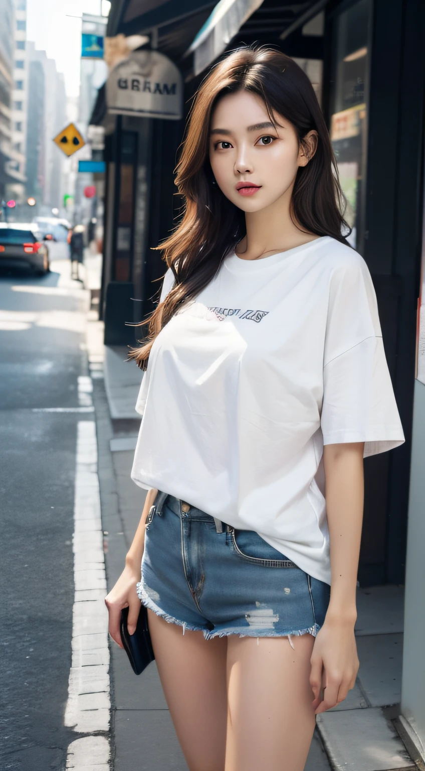(RAW photo, Best quality), (Realistic, photo-realistic:1.2),High quality, (highdetailskin:1.4), 1girll,standing,mediuml breasts,oversize T-shirt,no underwear,long legs,in the street