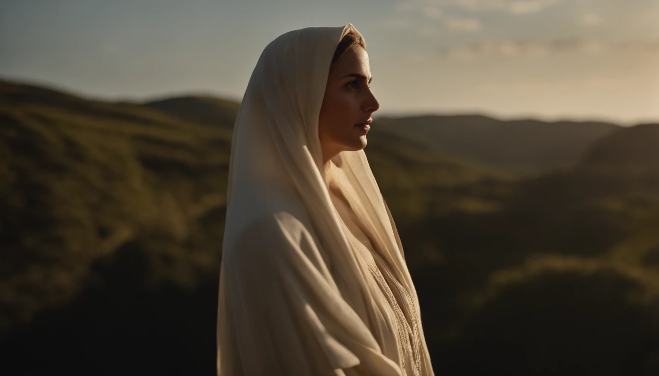 Uma jovem mulher, headscarf, recebe a visita de um anjo celestial Gabriel homem com Asas,que anuncia o nascimento de Jesus, ela ouve o que o anjo lhe diz, anjo com veste celestial envolto em luz, Annunciation of Jesus, MARIA, immaculate conception, Arte sacra