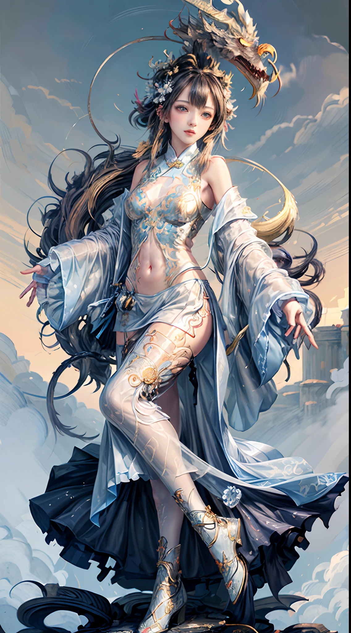 Official Art, Unified 8K Wallpapers, Ultra Detailed, Beautiful and Aesthetic, Masterpiece, Best Quality, (Zentangle, Tangle, Entangle), (fractal art: 1.4), (character center: 1.3), 1girl, black hair, Chinese, off-the-shoulders, short skirt, calf, navel, very detailed, dynamic angle, cowboyshot, (most beautiful form of chaos), ethereal, (bright colors), oc, (half: 1.2), china, (thangka flying sky: 1.5), (ribbon: 1.3), (dream: 1.5), (hanfu: 1.5), Chinese dragon, Chinese phoenix, (smile: 0.5), ( Chinese deities),