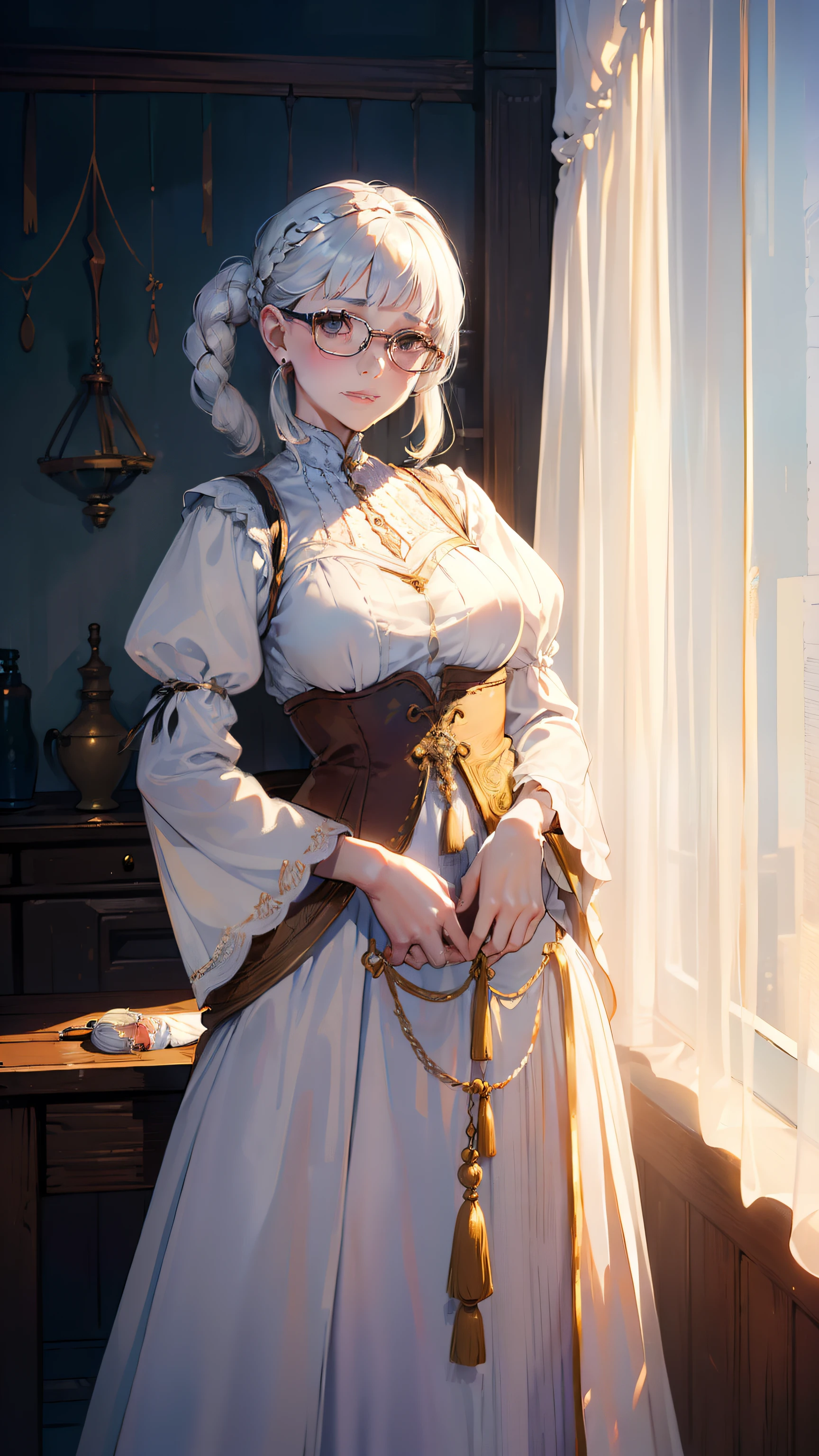 (((((middle woman))))), masterpiece, ultra detailed, 8K Portrait, Raw photo, woman's portrait photography, full body, Highly detailed face, ((Fantasy)), 48 years old, 1 woman, (((seamstress))), laugh heartily, glasses, (((white Curtain bangs hair))), (((white skin color))), ocher colored long sleeve clothes, maxi skirt, (((holding a dress))), (((cloth loom))), (((torso))), (((lots of thread and spools))), Midday Sun, Hyper realistic, (((pet woman))), small breasts, Beautiful breasts, big butt, In the medieval seamstress workshop, in front of torso, Ambient lighting, Shadow details , Camera focus on face, Light fog