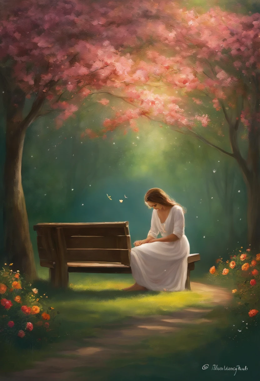 The painting begins with a dark background and a sky bright with stars. The peaceful and charming night appears.

In the center, we see a picture of a young woman sitting on a wooden bench in a park. Her clothes look modest and calm. The woman looks forward with a look of hope and stability.

Next to the woman, there is an empty place on the wooden bench symbolizing the future husband. This empty place clearly shows her desire to find the right partner.

The painting is surrounded by green trees and colorful flowers symbolizing growth and life. Beautiful nature instills a sense of hope and optimism.

Near the woman, we see a simple and powerful phrase that reads: “In search of life.” This phrase expresses her desire to search for a new life and build a family.

This painting beautifully expresses a woman's desire for motherhood and the search for married life, and indicates hope, optimism, and preparation for the future.