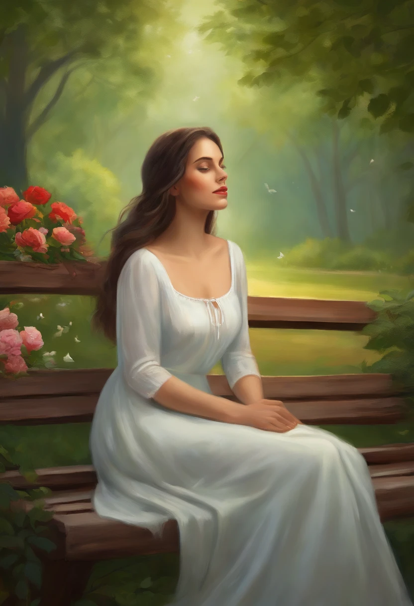 The painting begins with a dark background and a sky bright with stars. The peaceful and charming night appears.
In the center, we see a picture of a young woman sitting on a wooden bench in a park. Her clothes look modest and calm. The woman looks forward with a look of hope and stability.
Next to the woman, there is an empty place on the wooden bench symbolizing the future husband. This empty place clearly shows her desire to find the right partner.
The painting is surrounded by green trees and colorful flowers symbolizing growth and life. Beautiful nature instills a sense of hope and optimism.
Near the woman, we see a simple and powerful phrase that reads: “In search of life.” This phrase expresses her desire to search for a new life and build a family.
This painting beautifully expresses a woman's desire for motherhood and the search for married life, and indicates hope, optimism, and preparation for the future.
