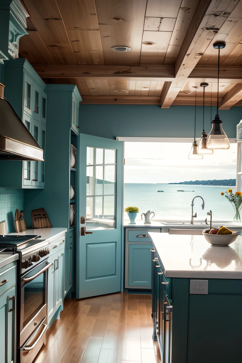 A coastal kitchen with a serene ocean view in the style of coastal.