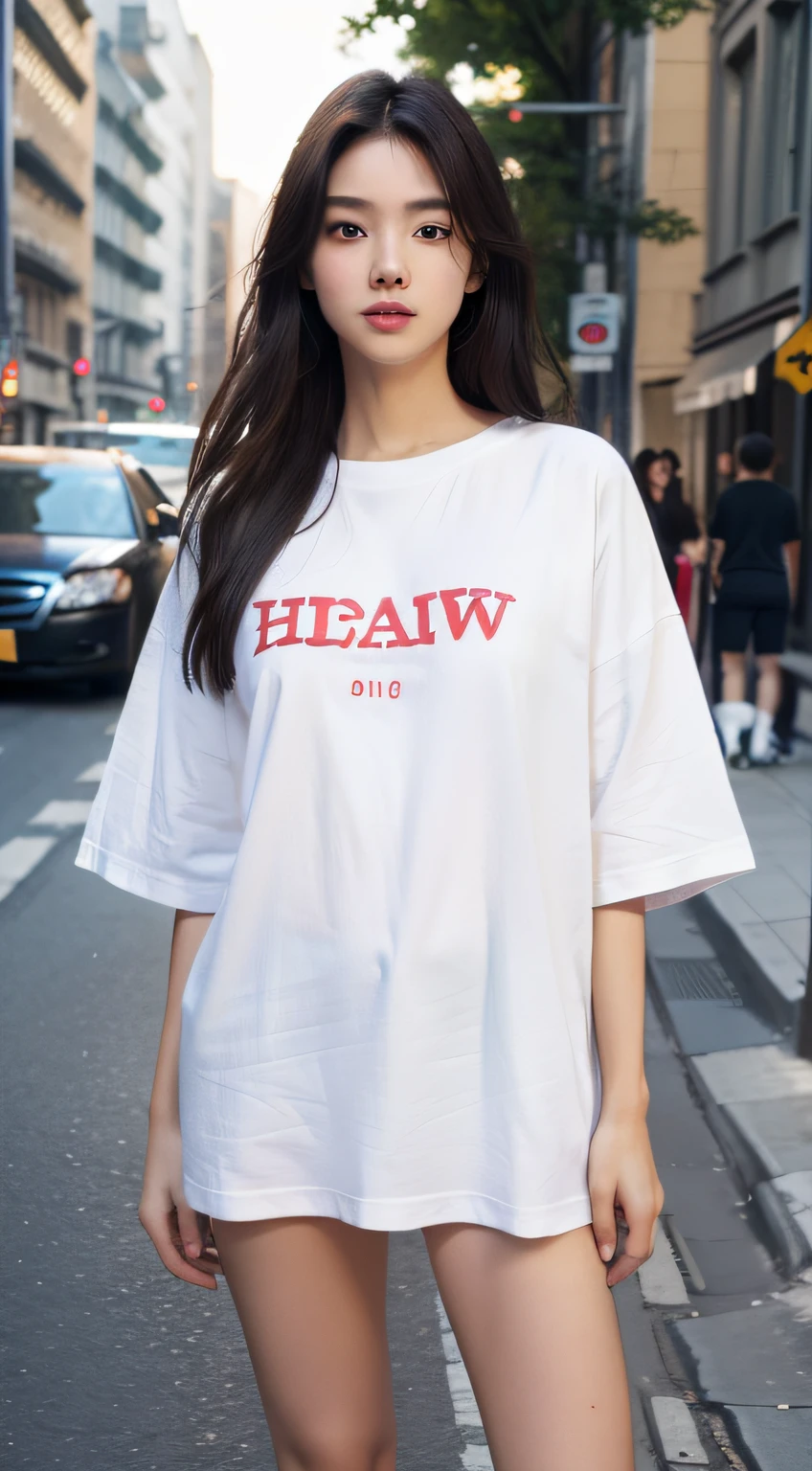 (RAW photo, Best quality), (Realistic, photo-realistic:1.2),High quality, (highdetailskin:1.4), 1girll,standing,mediuml breasts,wearing oversize T-shirt but nothing,,no underwear,long legs,in the street