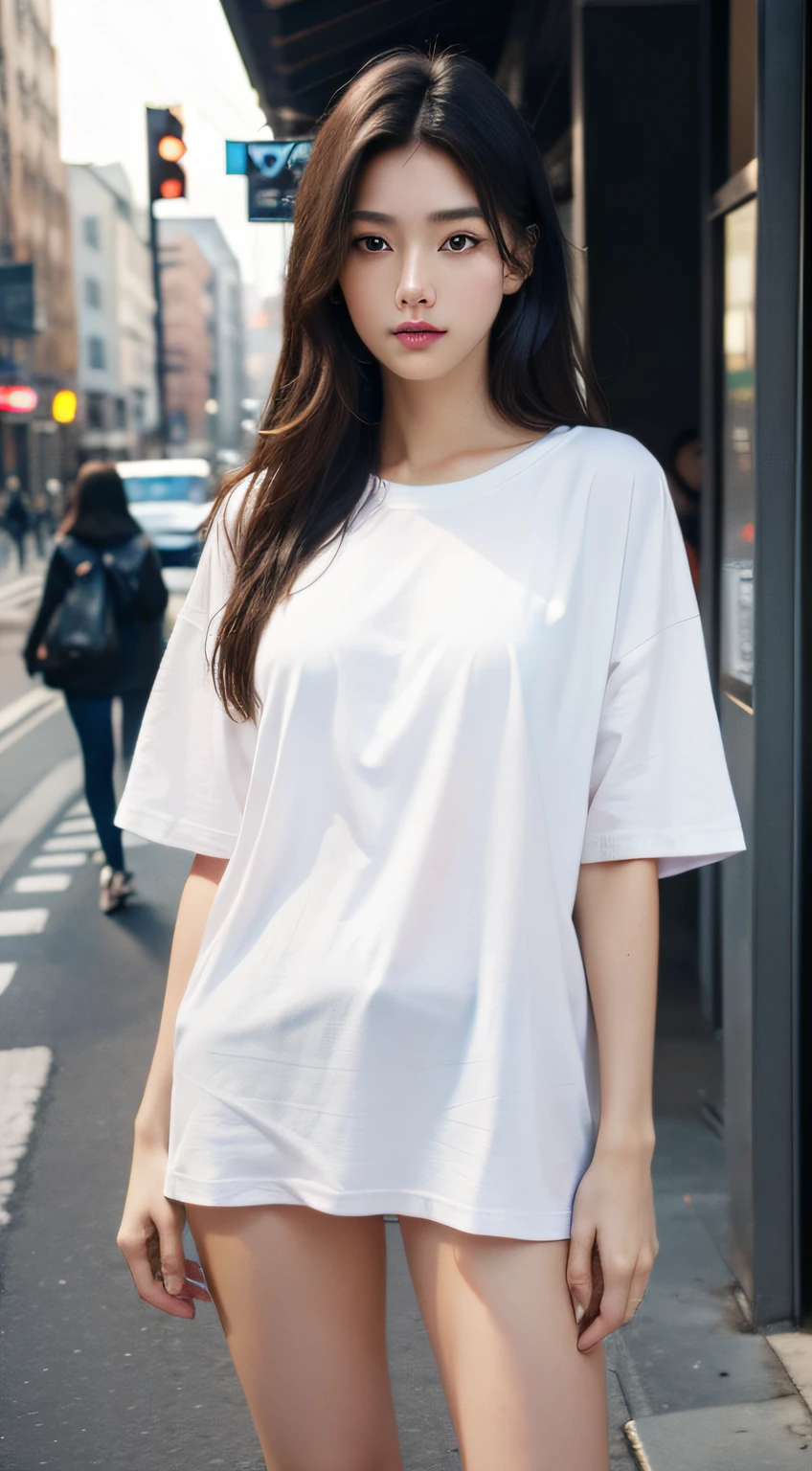 (RAW photo, Best quality), (Realistic, photo-realistic:1.2),High quality, (highdetailskin:1.4), 1girll,standing,mediuml breasts,wearing oversize T-shirt but nothing,,no underwear,long legs,in the street