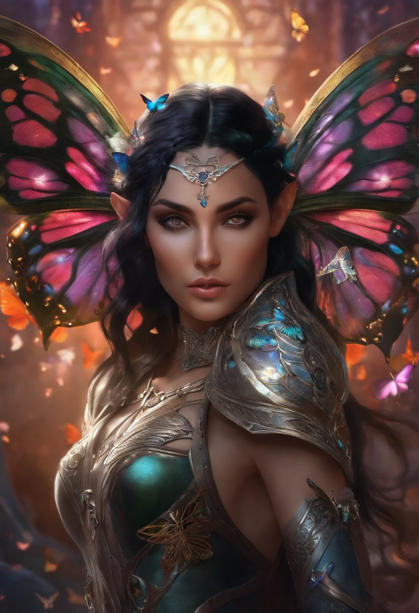 Elf girl with black hair, with silver armor, an infinity-shaped necklace, with butterflies around it perched on her shoulders, hair, where she has her hand extended and a butterfly on top