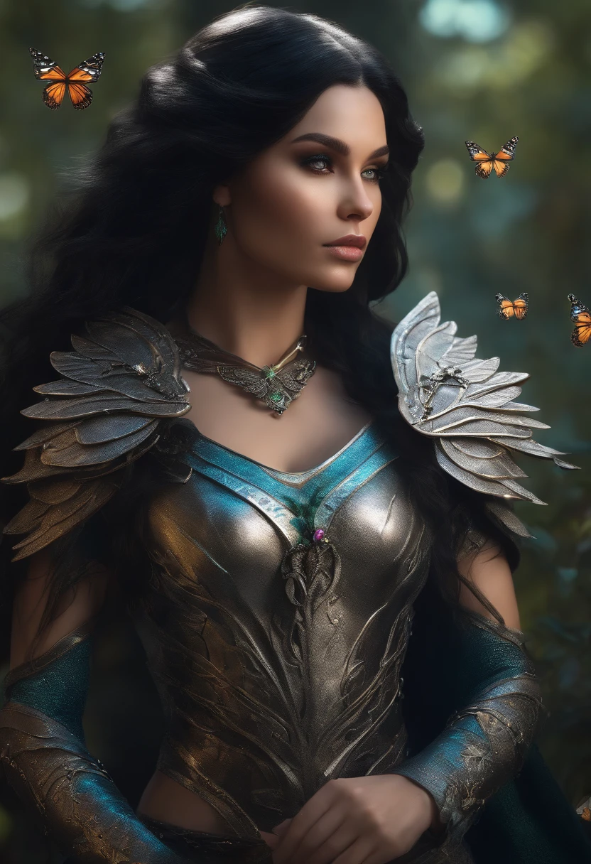 Elf girl with black hair, with silver armor, an infinity-shaped necklace, with butterflies around it perched on her shoulders, hair, where she has her hand extended and a butterfly on top
