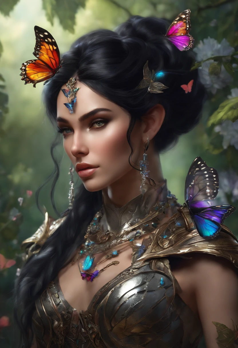 Elf girl with black hair, with silver armor, an infinity-shaped necklace, with butterflies around it perched on her shoulders, hair, where she has her hand extended and a butterfly on top