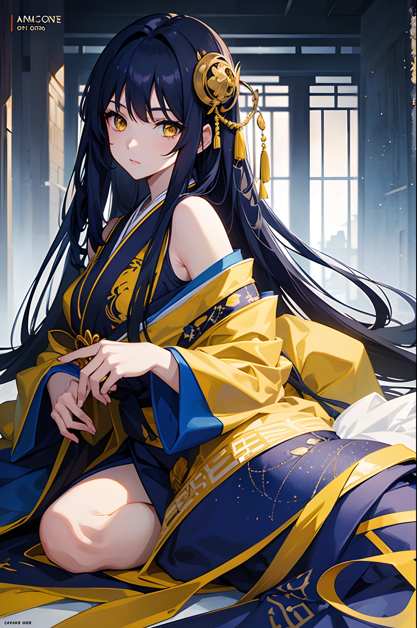 Cover magazine, anime, woman, solo, long hair, dark blue hair, yellow eyes, model, beautiful, half body potrait, fantasy, japanese