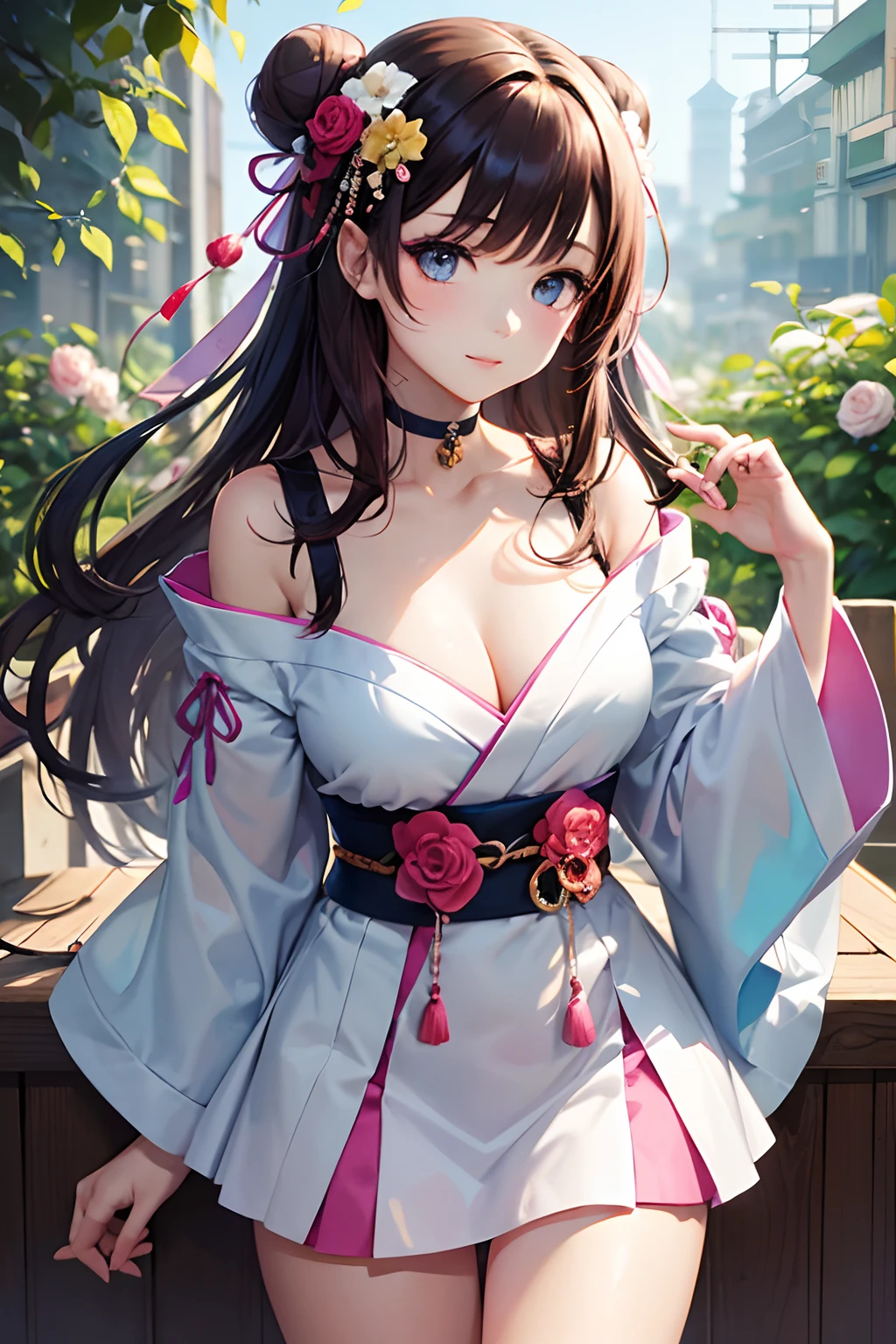 japanaese girl, Smooth and delicate lines, Wearing a glamorous and flowing miniskirt, Miniskirt blue-pink, Shy, Beautiful face, Exquisite makeup, Willow leaf eyebrows, Gentle eyes, Hair in a bun, Wearing a transparent hair ornament in the shape of a flower, Hair blue-pink gradient,Heart-shaped choker、 Butterfly in hand, Graceful and flowing movements, Watercolor style, The image is clean and clear, Qiuying style、Beautiful Roses