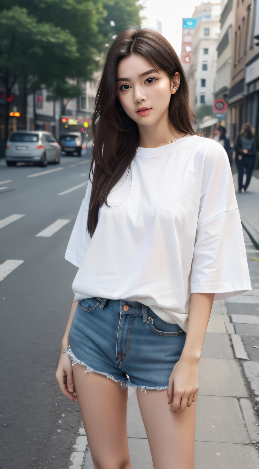 (RAW photo, Best quality), (Realistic, photo-realistic:1.2),High quality, (highdetailskin:1.4), 1girll,standing,mediuml breasts,Wear only oversized T-shirts,There is no Pantis,No underwear,Long legs,In the street