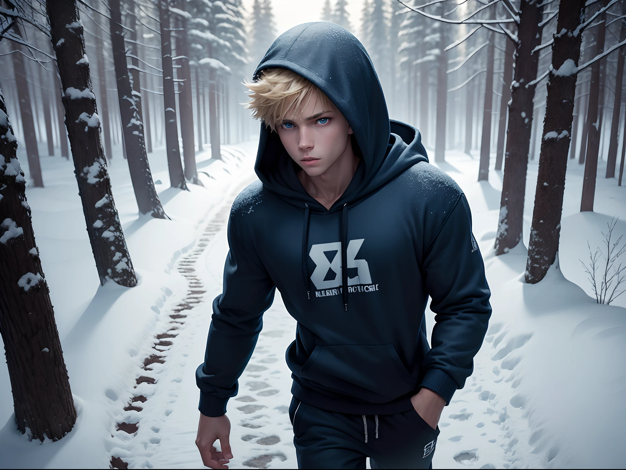 Realistic 8K image of a young 15 year old strong male, blond, strong, short hair combed back, blue eyes, wearing a hoodie with the hood over his head, and black sweatpants, walking in a snow covered forest, snowing, anime style art