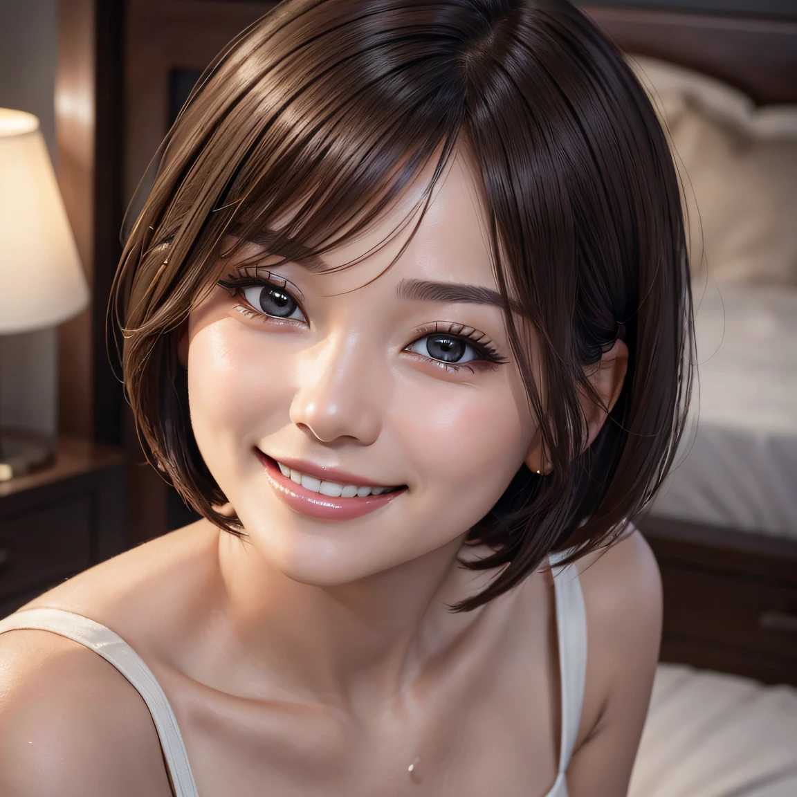 Top quality, 8K, masterpiece, A beautiful and refined woman, close-up of face, feminine bob hairstyle, sweating and blushing slightly, smiling beautifully, warm and gentle smile, showing her white teeth, almond-shaped eyes, looking at the viewer with gratitude and curiosity, overhead shot, on bed, in the dark