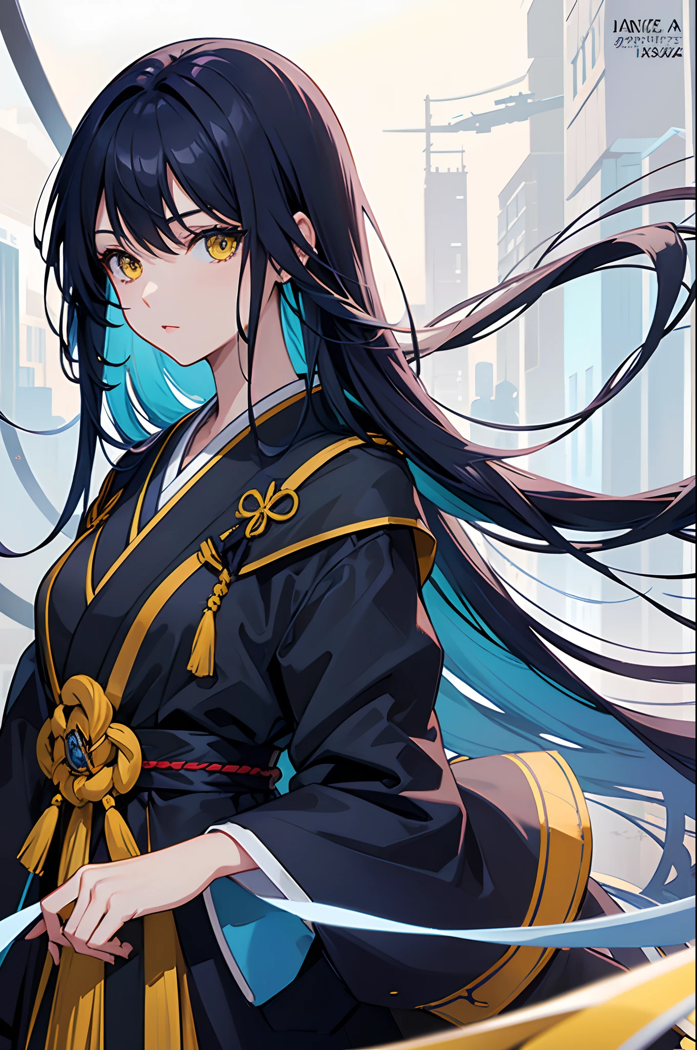 Cover magazine, anime, woman, solo, long hair, dark blue hair, yellow eyes, model, beautiful, half body potrait, fantasy, japanese