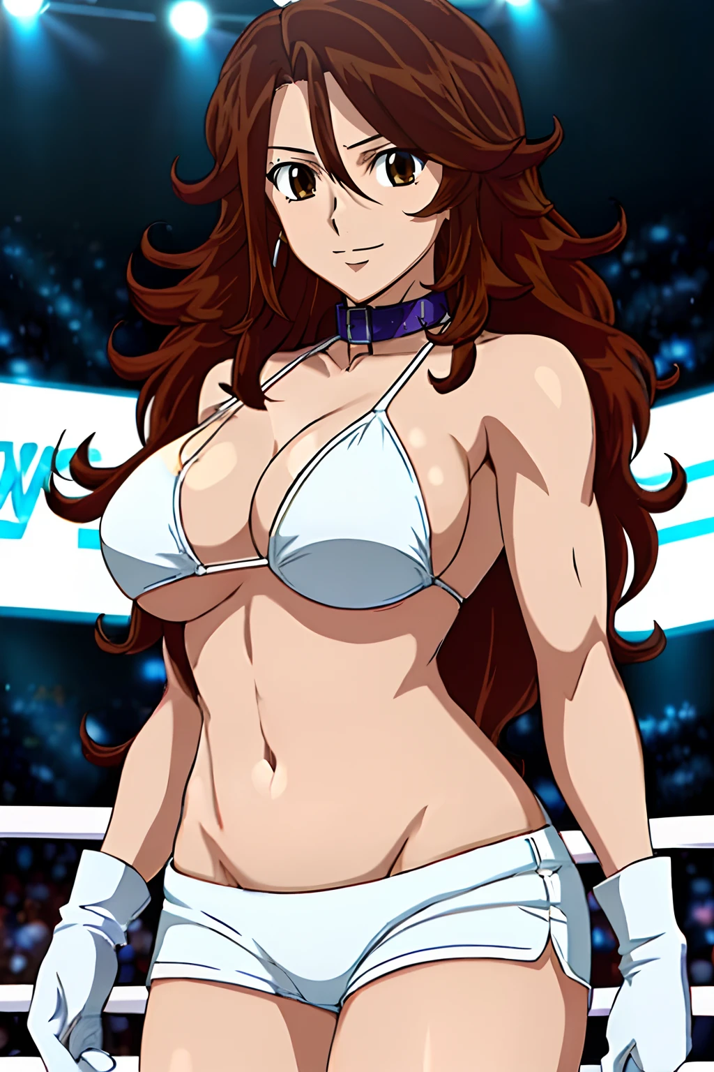 (wwe diva), body view, anime style: 1.8, anime drawing, ultra detailed face, ultra detailed body, 4k, Sumergai Lee Noriega, (standing), best quality, anime style, hires, highest definition, digital blending, bold drawing lines, ((wwe diva), (location: wrestling arena, crowds watching), ( slim body, little biceps, thighs, off-shoulders, (curvy: 2.8)), ((white bikini, shorts, groin, , white gloves, collar)), victorious, winner, gentle, (big breasts, smile), (big eyes, brown eyes), (clapping), (brown hair, loose hair, curly hair, wavy hair, long hair, missy hair), 27 years old, (flexing both arms)