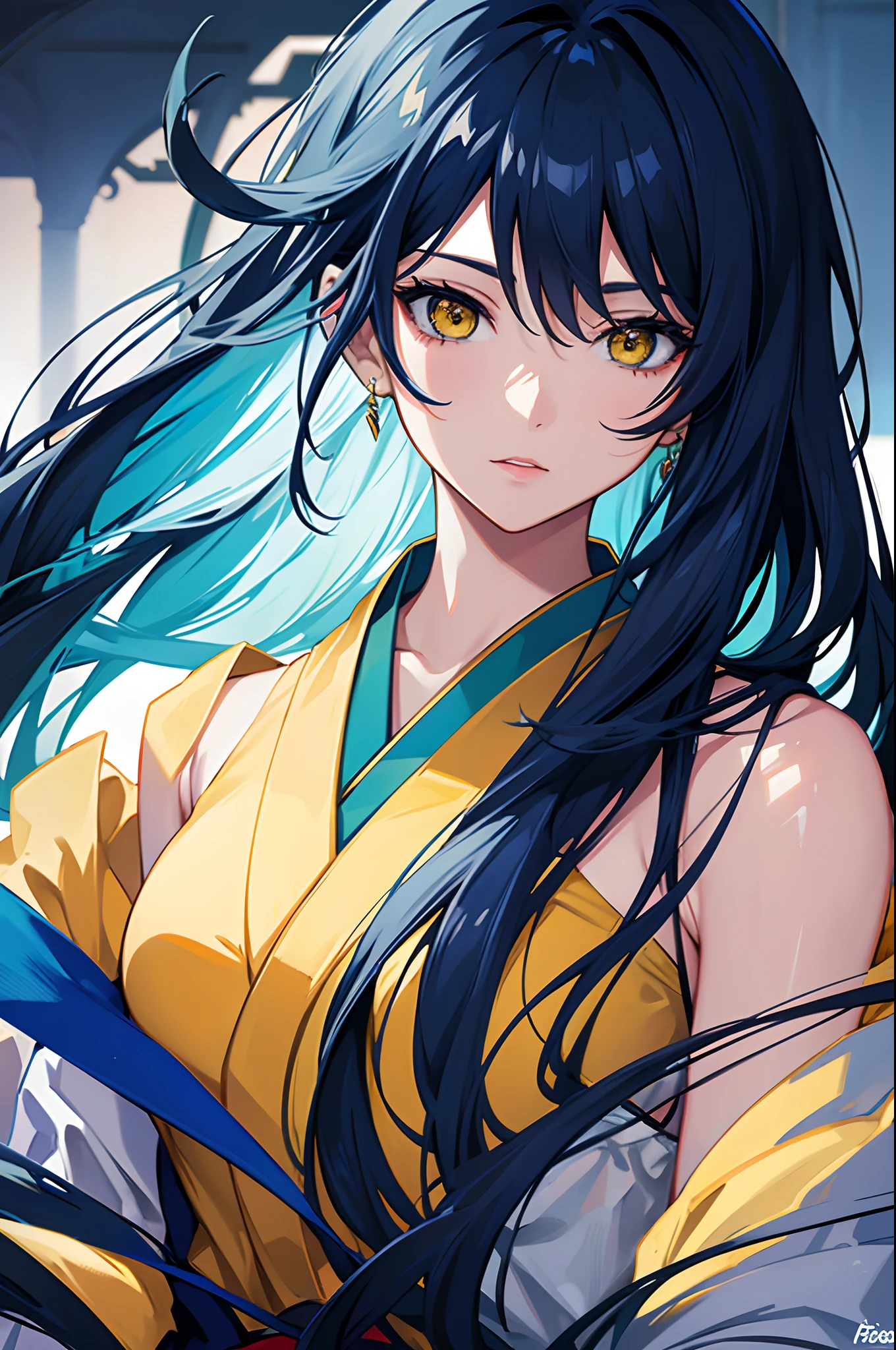 Cover magazine, anime, woman, solo, long hair, dark blue hair, yellow eyes, model, beautiful, half body potrait, fantasy, japanese