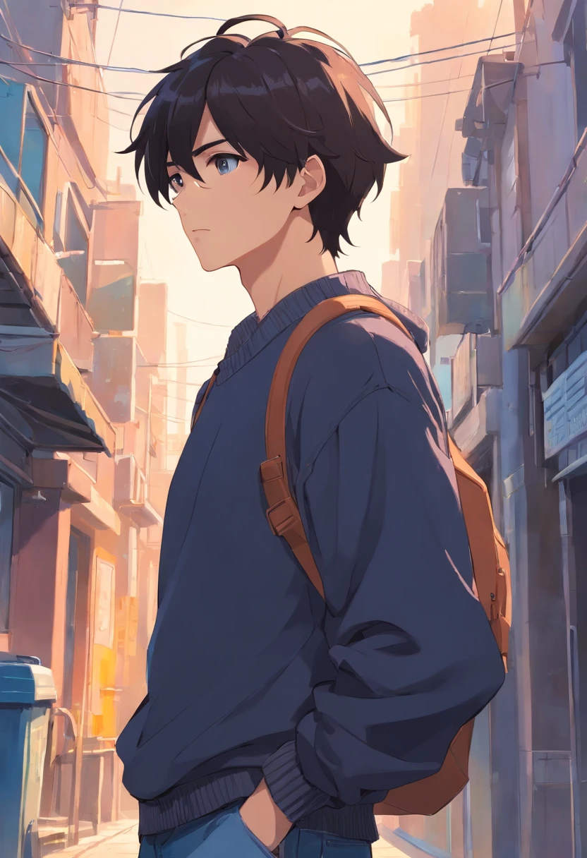 Ins style, clean style, complete headshot, a handsome guy, black hair, short hairstyle, masterpiece, hopeful eyes, black sweater and long jeans, hiking shoes, perfect hands and fingers, standing pose, tall guy, adult guy, Sharp eyes, athletic body