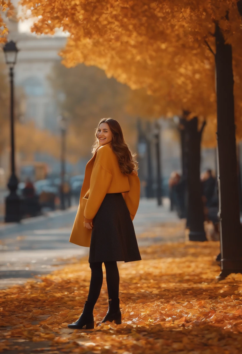 (A hyper-realistic),(illustratio),(hight resolution),(8K),(top-quality),(详细的脸),1 girl in,Smiling,Street trees in autumn,Autumn Fashion