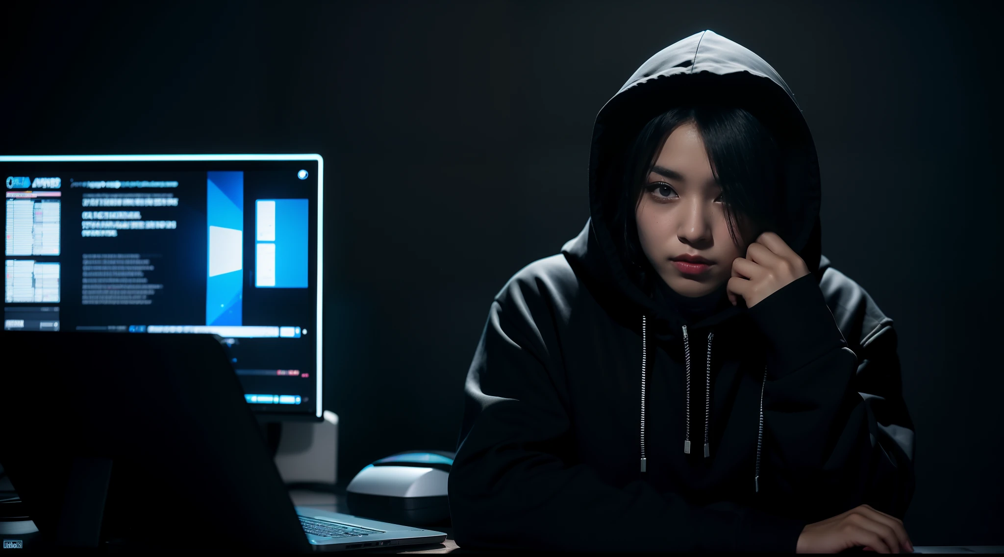 arafed image of a person in a hoodie sitting in front of a laptop, hacker, hacking, beautiful cute girl, cute young face, 20 years of age, in front of a computer, cyberpunk hacker, hacking into the mainframe, wearing a dark hood, hooded figure, sitting at a computer, cyber noir, dark backround, black hoodie techie, cyber background, anonymous, cyberpunk, tech, tech savvy,