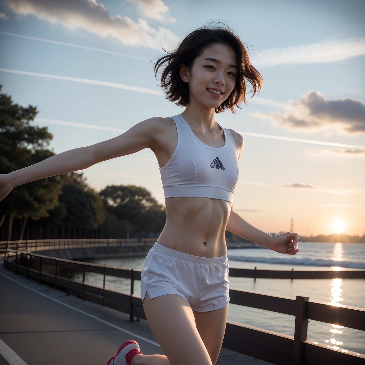 the setting sun, (Best Quality), (Realistic raw photos:1.2), (Beautiful 14 year old Japan girl), (masutepiece),
Front lighting,Running,
shame, 
(Gray sports bra and hot pants),
sunset at the beach, From the side,