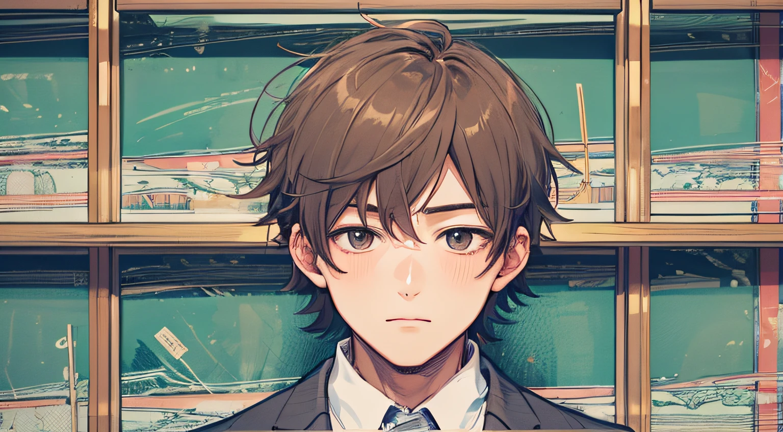20 year old man with brown hair、Alone、no person、perplexed、up of face、suits、izakaya