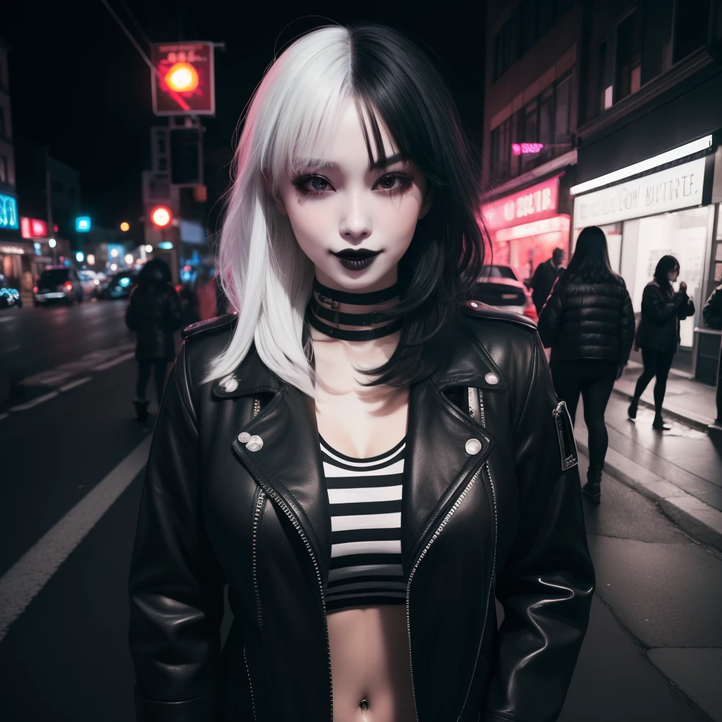 masterpiece, best quality, highly detailed,1girl, covering mouth, shy smile, big breasts, adult, split-color hair, black and white hair, eye shadow, black lipstick, street at night, neon lighting, hair over eye, jacket