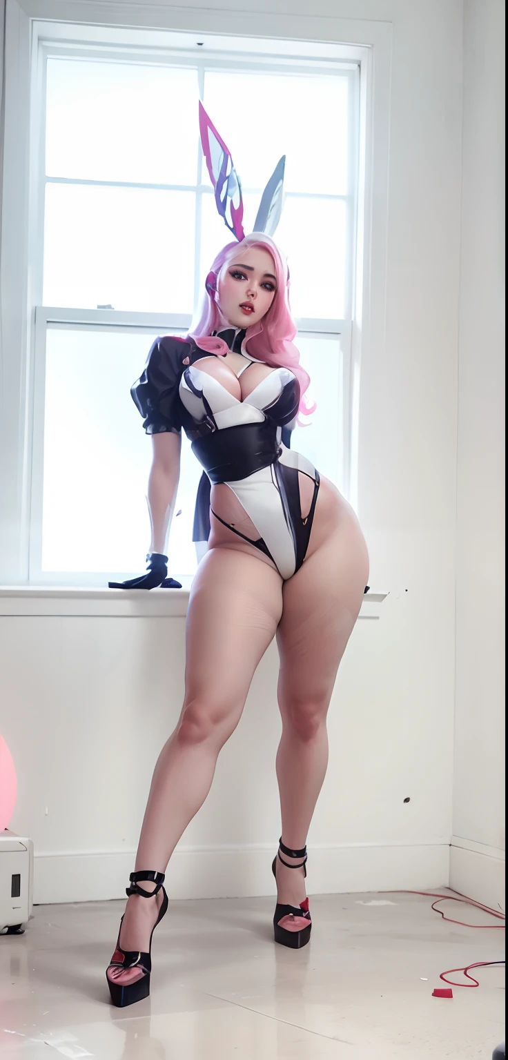 Araffe vestida con orejas de conejo y un body blanco y negro, Thicc, Outfit muy sexy, como personaje de Overwatch, cosplay, Anime Barbie en Medias Blancas, Amouranth, amouranth as a super villain, VI de League of Legends, Moira de Overwatch, cuerpo completo a la vista, wearing atsuko kudo latex outfit, Pinup