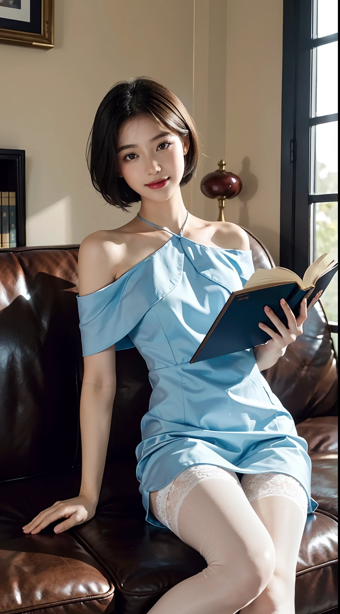 (shoulder-length straight black short hair: 1.2),Upper body, （Extremely meticulous CG 8k wallpaper），（Extremely refined and beautiful），（Masterpiece），（best qualtiy:1.0），（Ultra High Resolution:1.0），beautiful light up，Perfect lightning，realistic shaded，[A high resolution]，Smooth and flawless fair skin，Extremely exquisite facial details，ultra - detailed，A  girl，small head，Smile，cheerfulness,early autumn，afternoon，Close Shot，In study,Traditional classical decoration style,bookshelf,Lying on back on the sofa,(Holding a big book in both hands:1.5),(reading book:1.3),(Blue cheongsam:1.2),enjoying a comfortable and intoxicated expression,besides，small face，（perfect body:1.1）,small breasts，flat chest，slim，thin，Slender legs，flowers,shoulder off,bare shoulder,white stockings