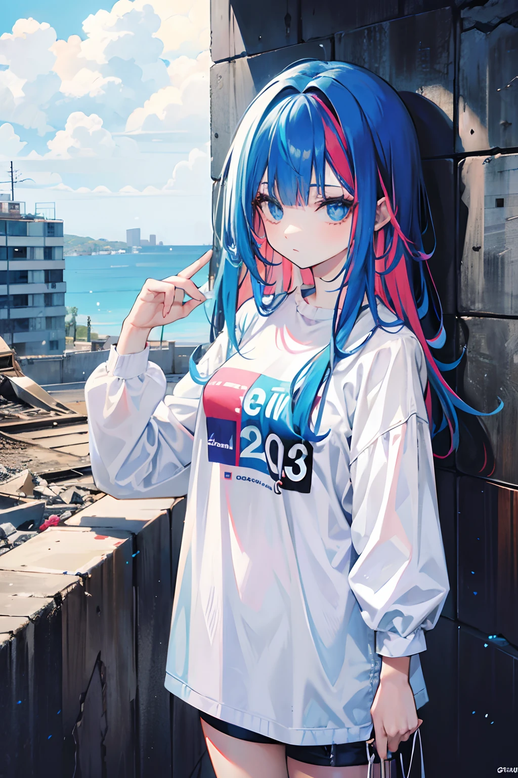 Garota de 20 anos utilizando um tapa olho de faixa no olho direito,cabelo longo multicolorido com azul escuro e rosa nas pontas olho esquerdo multicolorido com azul e branco usando uma roupa preta enquanto usa um sobretudo vermelho por cima,Around you a destroyed building