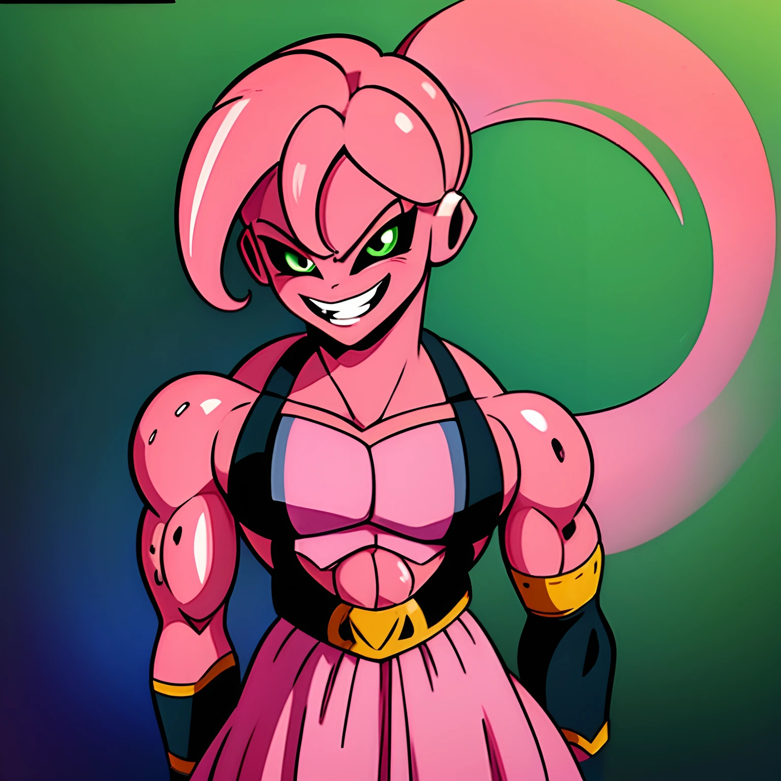 FMAJIN,MAJGEAR, (1boy Solo), Anime illustration,( Beautiful),Male ,hot pink skin, Black clothes, low Ponytail, Green Eyes, Black sclera, Smiling, Dynamic pose, Masterpiece, Highest quality, high Aesthetic