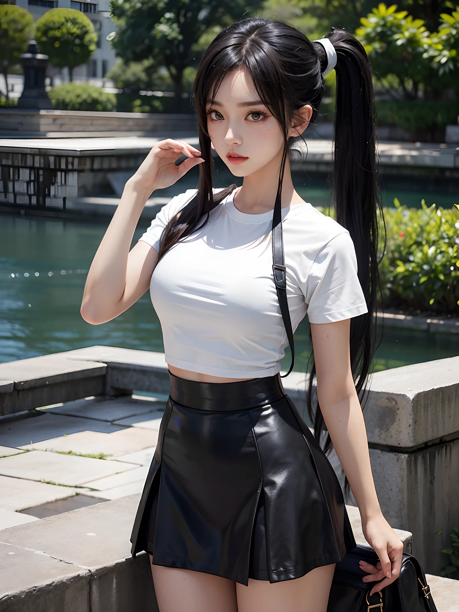Bridges,Girl posing for photo in loose white shirt and short black skirt,Slim girl model,ff Tifa,24 years old female model,double-ponytail,side bang,