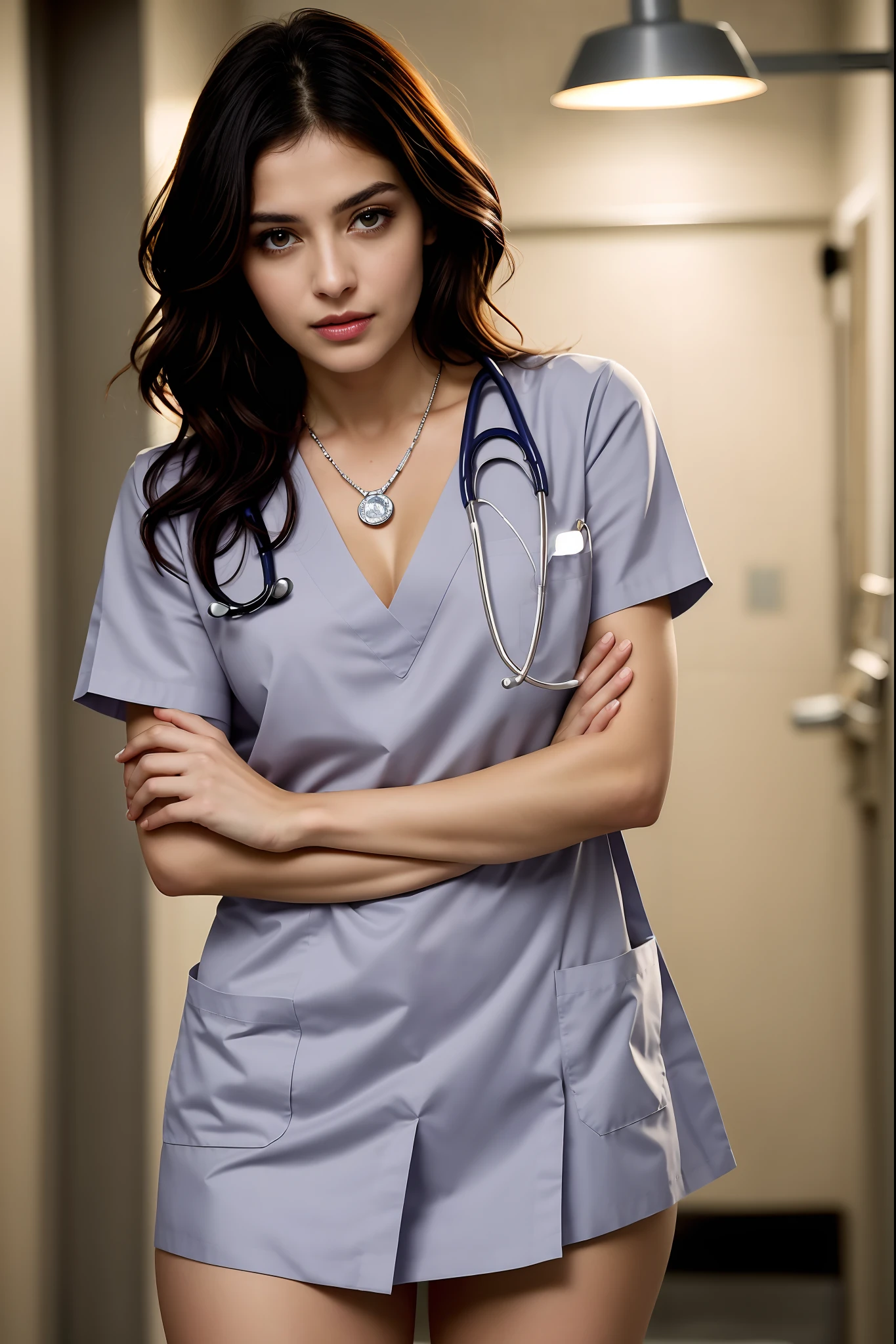 ((masterpiece, best quality)), beautiful 40-year-old Pakistani woman (Chloe Grace Moretz:Milla Jovovich:0.5), (brown-black hair, bob hairstyle, square face), (medium breasts), (curvy, muscular body), (natural skin), legs, (tight nurse uniform:1.3), cleavage, (seductive expression:1.2), jewelry, dynamic, various poses, hospital ward background, (UHD, 8K wallpaper, High resolution), Cinematic lighting, physically-based rendering, award-winning, extremely detailed skin, extra detailed face, high detail eyes, Carl Zeiss 85 mm F/1.4, by Ellen von Unwerth
