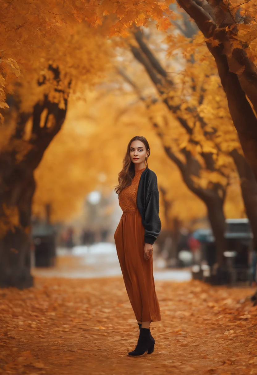 (A hyper-realistic),(illustratio),(hight resolution),(8K),(top-quality),(详细的脸),1 girl in,Smiling,Street trees in autumn,Autumn Fashion,Full body painting