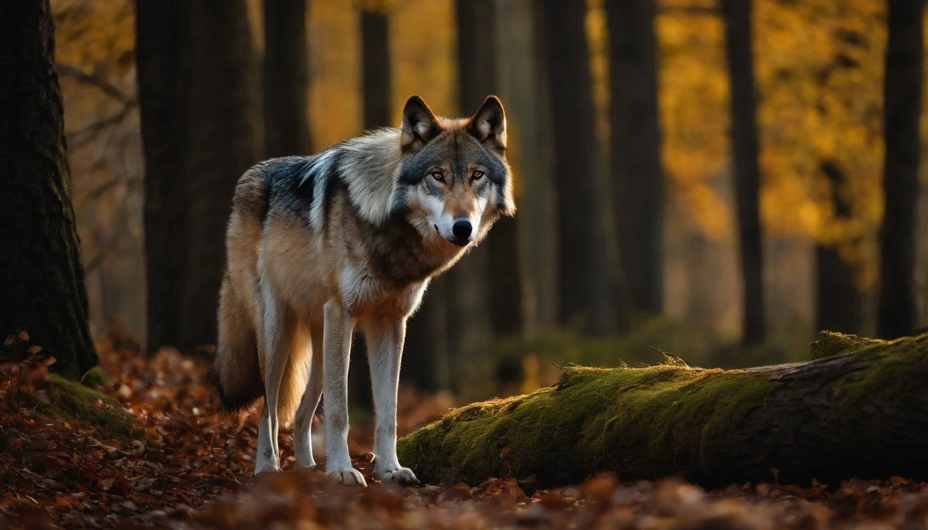 there is a grey wolf standing in the woods next to a tree, a picture inspired by Wolf Huber, unsplash, conceptual art, photo of wolf, wolves and their treasures, wolf companion, looking majestic in forest, great wolf, wolf, lone wolf, still from a nature documentary, still from nature documentary, wolves