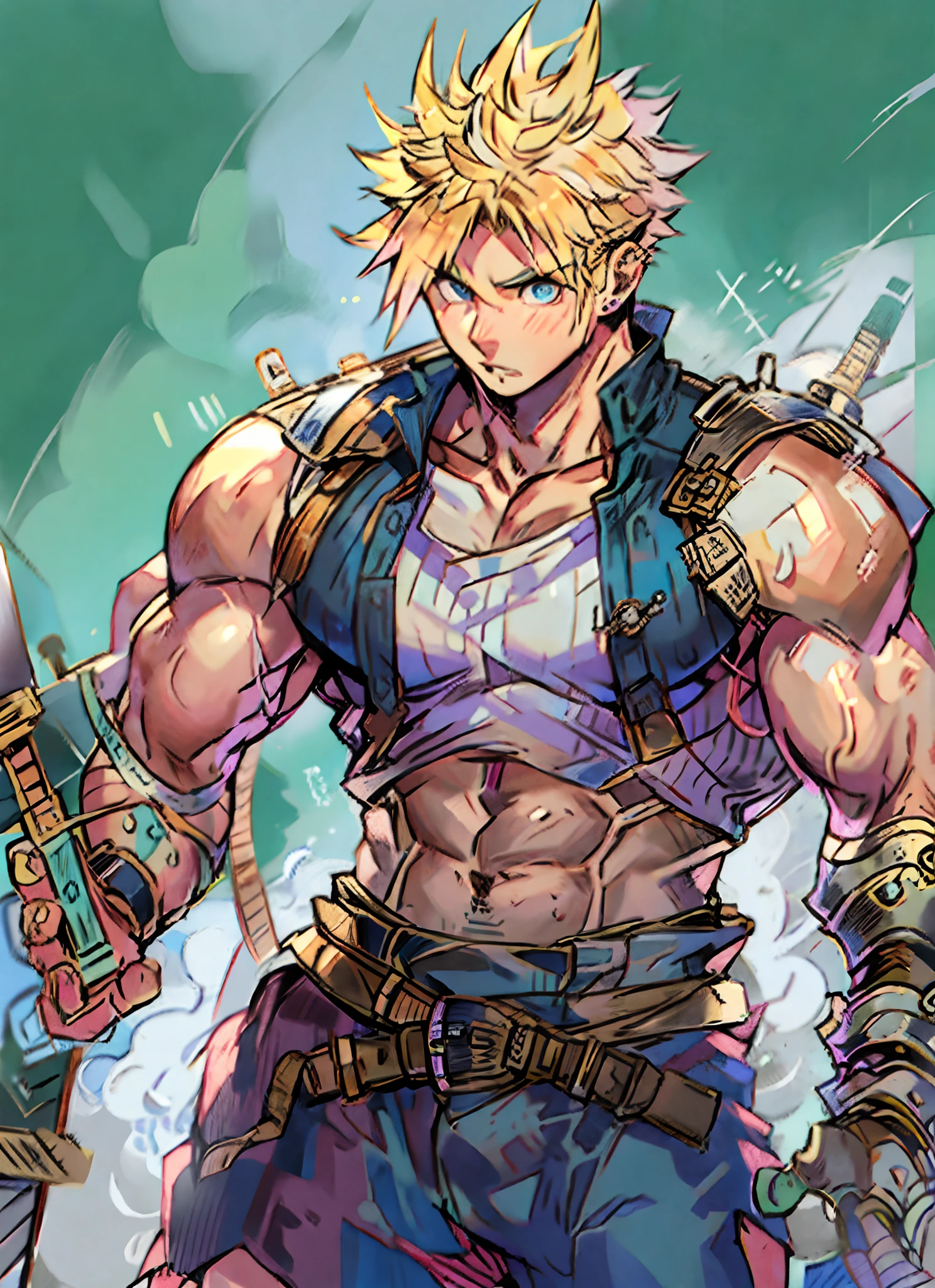 hungry clicker, sketch, cloud strife, 1boy, armor, blonde hair, blue eyes, closed mouth, earrings, fusion swords, high collar, jewelry, looking at viewer, male focus, masculine body, Muscular body, Imposing body, Imposing appearance, muscular arms, muscular legs, only body, trapezoid torso, sturdy body, muscular body, defined round and fleshy pecs, defined washboard ABS, defined arms, defined legs, dynamic pose over shoulder, ribbed shirt, shirt, short hair, shoulder armor, shoulder belt, single bare shoulder, single earring, sleeveless, sleeveless shirt, solo, spiked hair, sword, sword over shoulder, upper body, weapon, weapon over shoulder, ((masterpiece))