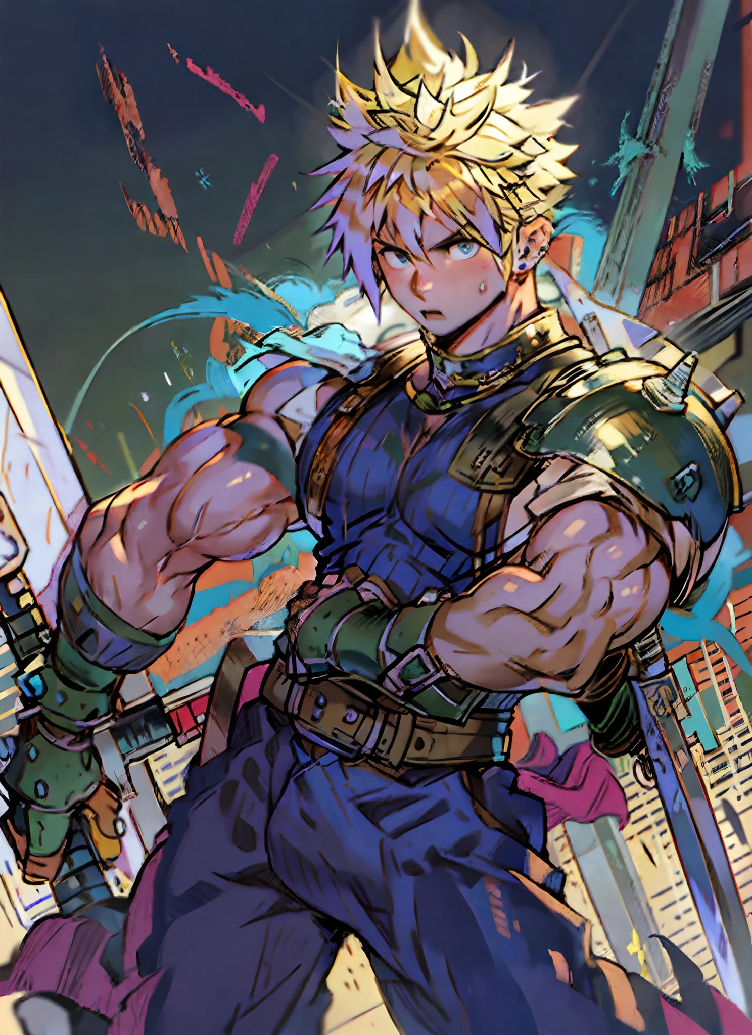 hungry clicker,  sketch, cloud strife, 1boy, armor, blonde hair, blue eyes, closed mouth, earrings, fusion swords, high collar, jewelry, looking at viewer, male focus, masculine body, Muscular body, Imposing body, Imposing appearance, muscular arms, muscular legs, only body, trapezoid torso, sturdy body, muscular body, defined round and fleshy pecs, defined washboard ABS, defined arms, defined legs, dynamic pose over shoulder, ribbed shirt, shirt, short hair, shoulder armor, shoulder belt, single bare shoulder, single earring, sleeveless, sleeveless shirt, solo, spiked hair, sword, sword over shoulder, upper body, weapon, weapon over shoulder, ((masterpiece))