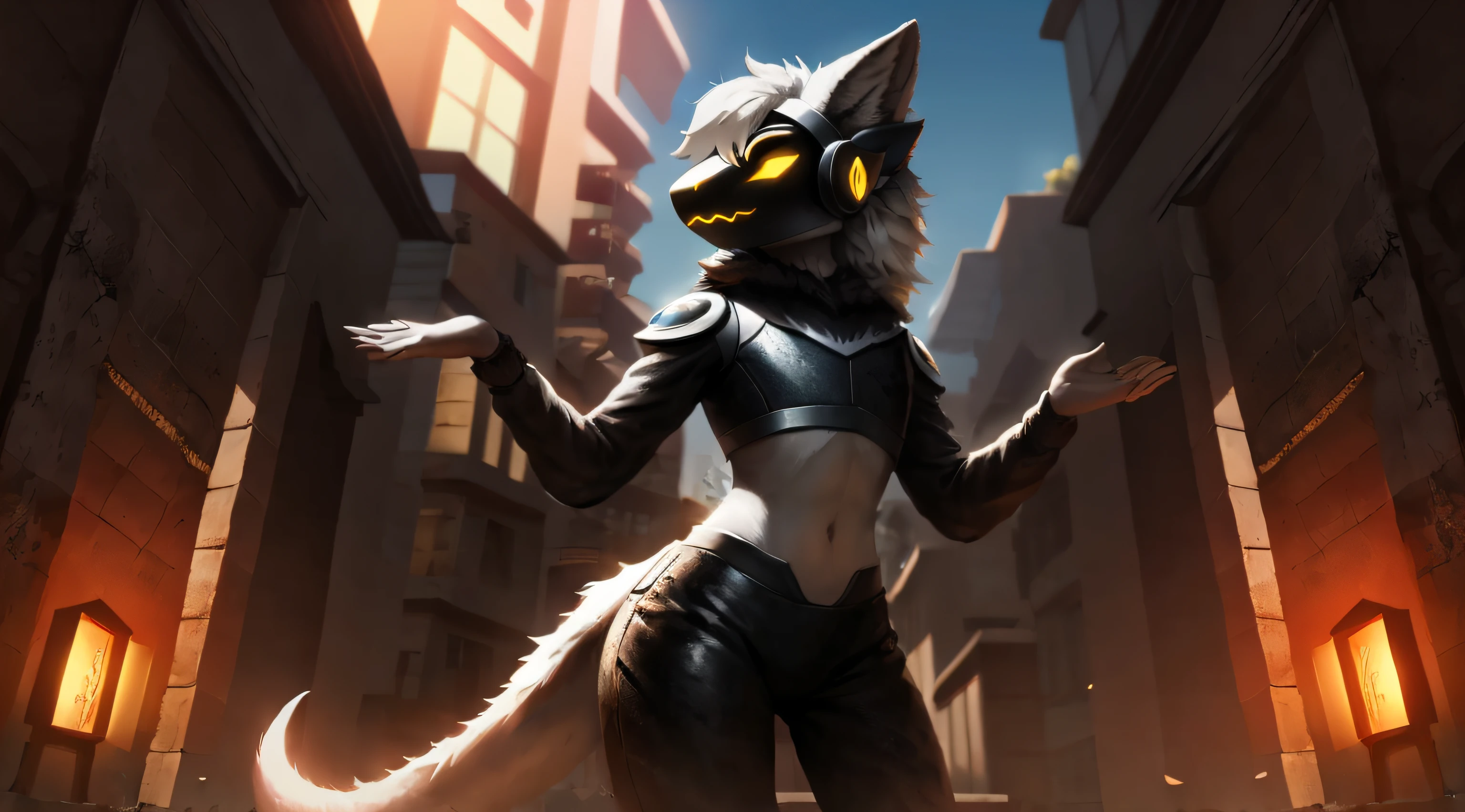 (Front focus), (During the day:1.6), protogen, furry,photograph realistic, Dynamic lighting, voluminetric lighting, 4 k'', 1girll, deepshadow, low tune, (Sexy outfit), White hair,Black, yellow, white, and gray color scheme