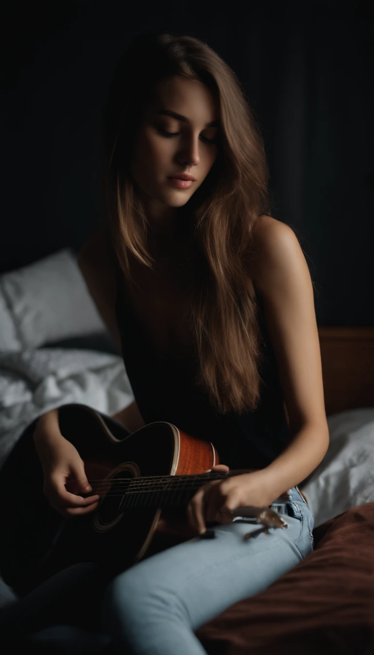 Portrait of an 18 year old cute beautiful perfect face petit teen, Russian, in cotton panties, playing guitar in bed, (dark private study, dark and moody light: 1.2)