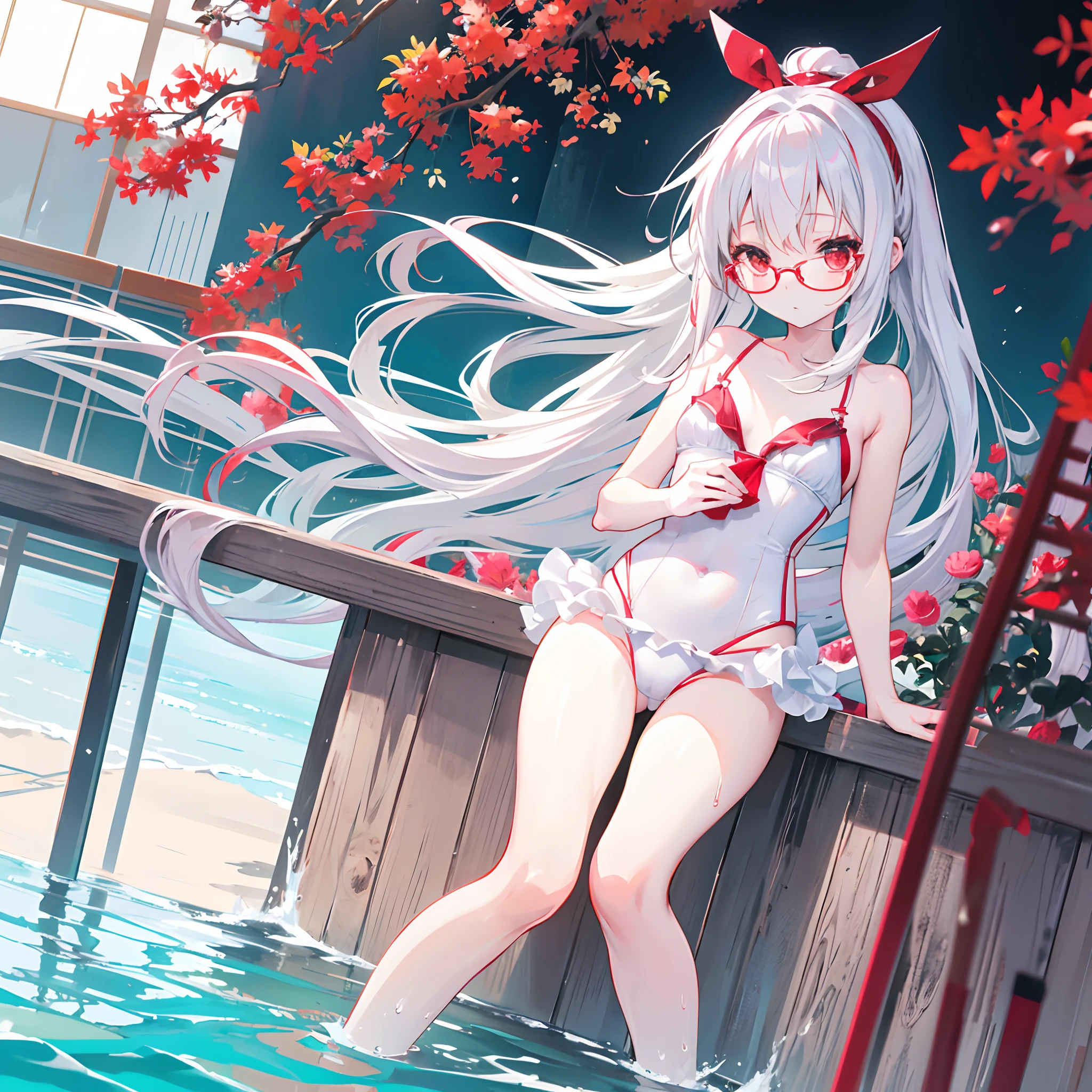 Anime, cute girl, japanese, ite, long white hair, ruby red eyes, kaguya, glasses, swimsuit, school swimming pool