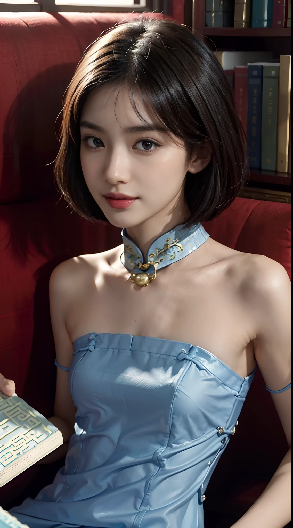 (shoulder-length straight black short hair: 1.2),Upper body, （Extremely meticulous CG 8k wallpaper），（Extremely refined and beautiful），（Masterpiece），（best qualtiy:1.0），（Ultra High Resolution:1.0），beautiful light up，Perfect lightning，realistic shaded，[A high resolution]，Smooth and flawless fair skin，Extremely exquisite facial details，ultra - detailed，A  girl，small head，Smile，cheerfulness,early autumn，afternoon，Close Shot，In study,Traditional classical decoration style,bookshelf,Lying on back on the sofa,(Holding a big book in both hands:1.5),(reading book:1.3),(Blue cheongsam:1.5),enjoying a comfortable and intoxicated expression,besides，small face，（perfect body:1.1）,small breasts，flat chest，slim，thin，Slender legs，flowers,shoulder off,bare shoulder,white stockings