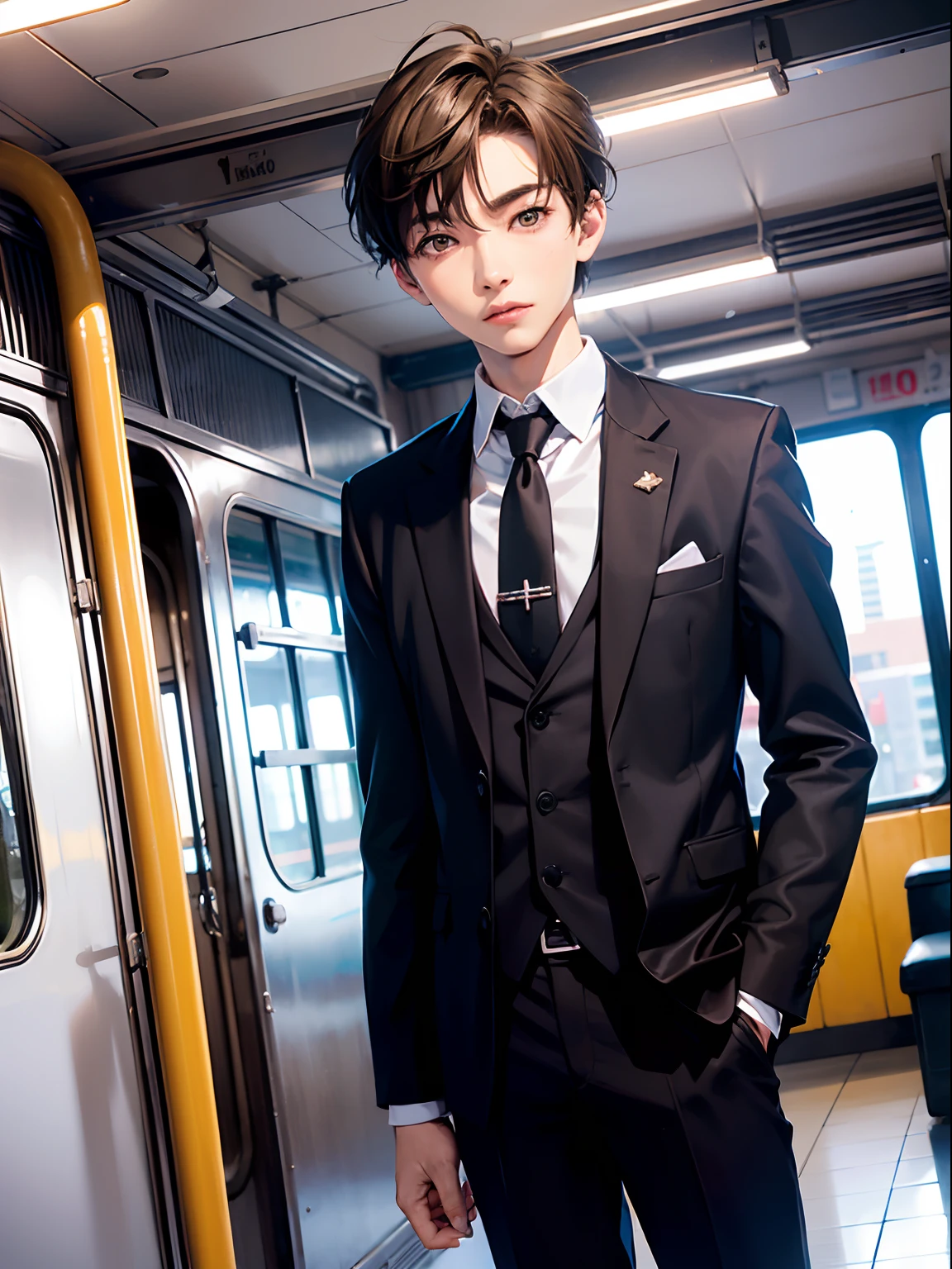 1boy,11 only、(Man's :2),(bobhair:1.5)、light brown hair、Tight suit、Brightly colored ties、Take the train、Twilight,Natural lighting、hightquality、masutepiece,8K,hight resolution、