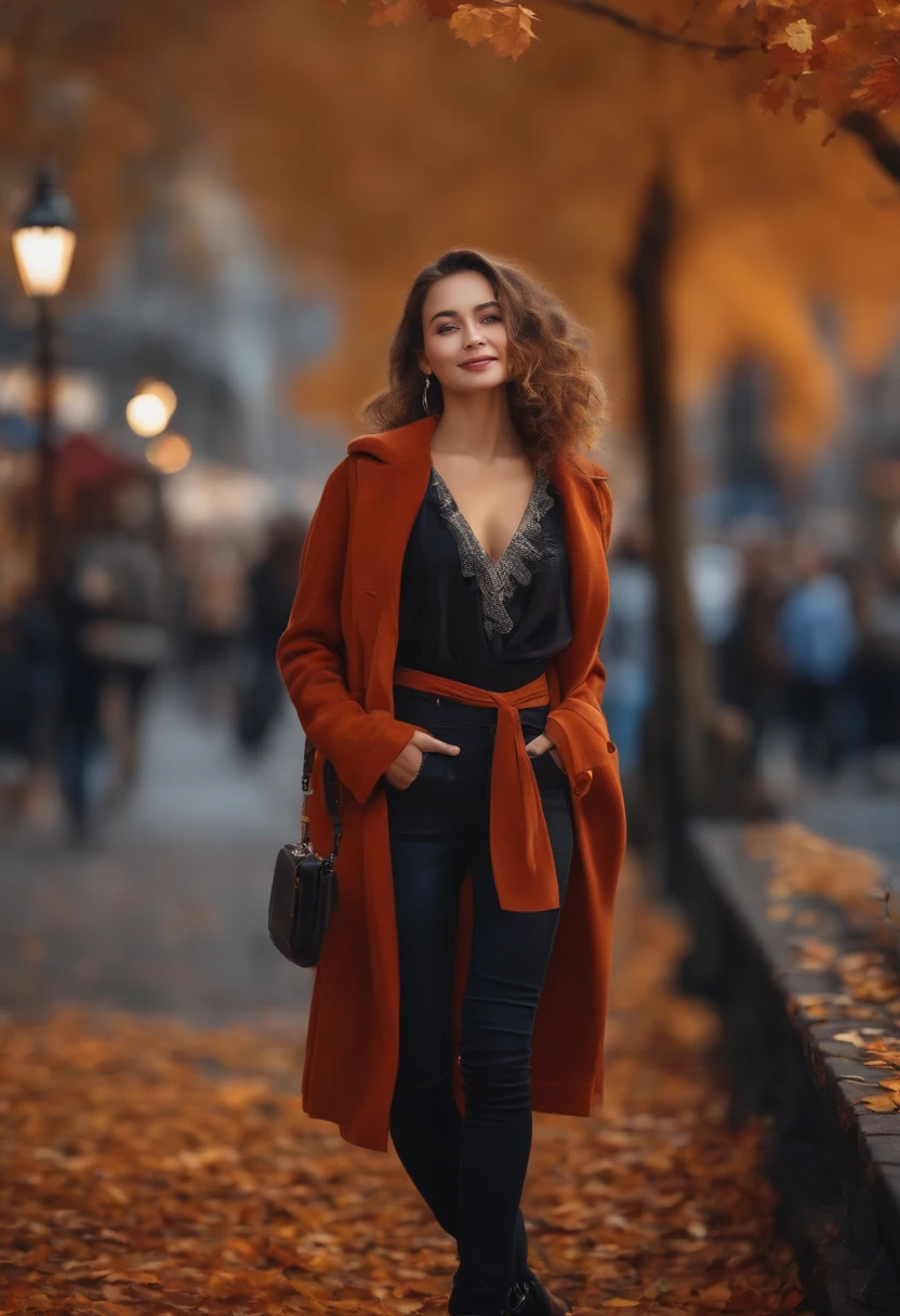 (A hyper-realistic),(illustratio),(hight resolution),(8K),(top-quality),(详细的脸),1 girl in,Smiling,Autumn cityscape,Autumn Fashion,Full body painting