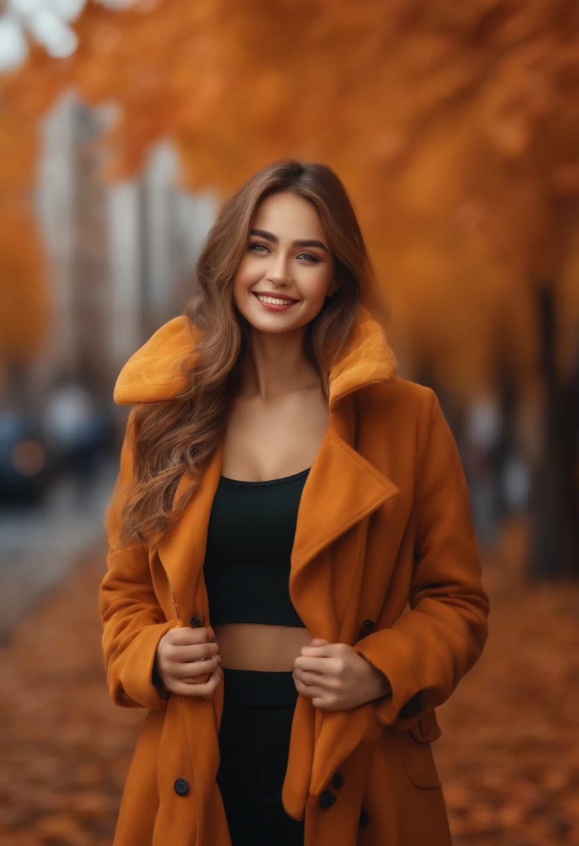 (A hyper-realistic),(illustratio),(hight resolution),(8K),(top-quality),(详细的脸),1 girl in,Smiling,Autumn cityscape,Autumn Fashion,Full body painting