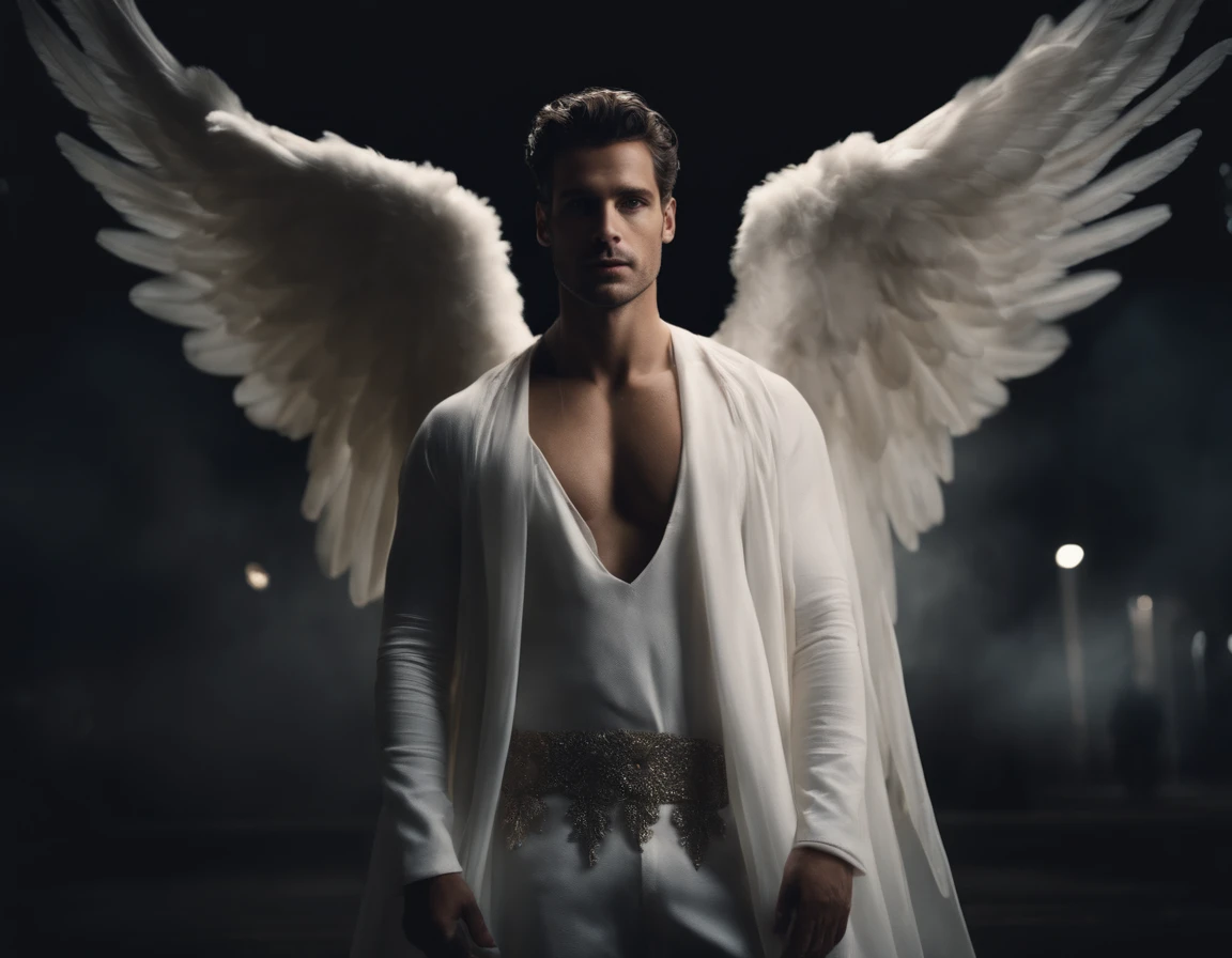 Man with large wings of white feathers on the back, praying, large wings, Jamie Dornan, eyes of light, wearing short black beard, wearing Golden Crown, focus on the details of the face, coming out happy rays, serious and attractive man, wearing white robe, magical and real effect, movie cover, with magical light explosions, powerful celestial warrior, similar to actor Jamie Dornan, Dark black image background, (8k, RAW photo, best quality, masterpiece: 1.2), (realistic, photorealistic: 1.37), professional lighting.